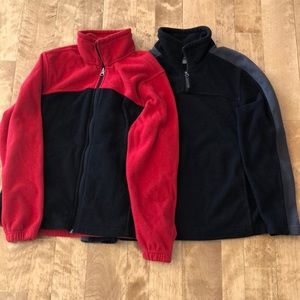2 boys fleece sweatshirts M (10-12). One 1/4 zip and one full zip.
